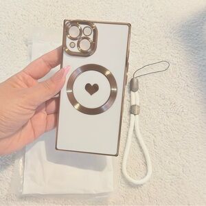 Luxury Case for iPhone 14 - White/Gold Square Design with MagSafe and Strap New
